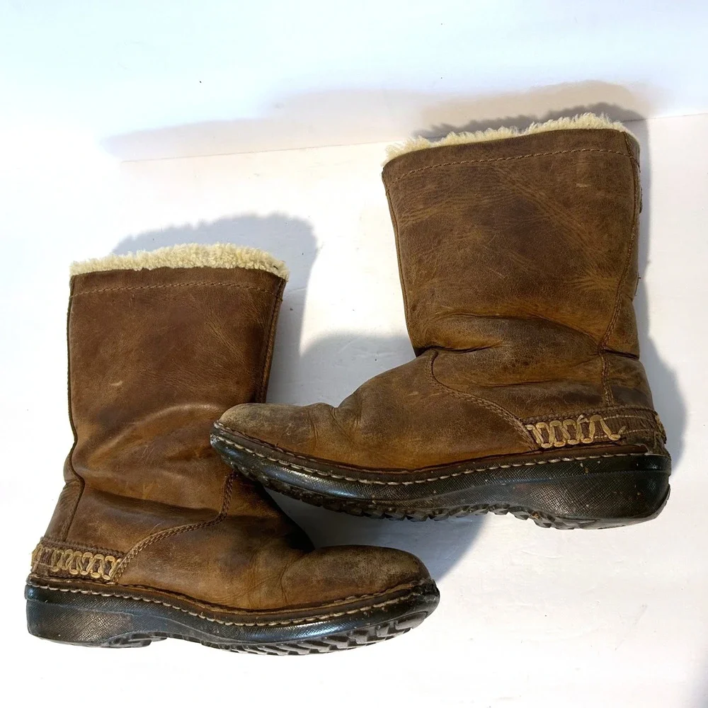 UGG Sunburst Tall Boots Womens 7 Brown Leather Shearling Toggle Fair 5156